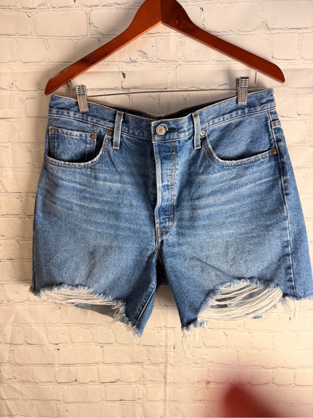 Levi's Medium Blue High-Rise Distressed Denim Cutoff Shorts 33